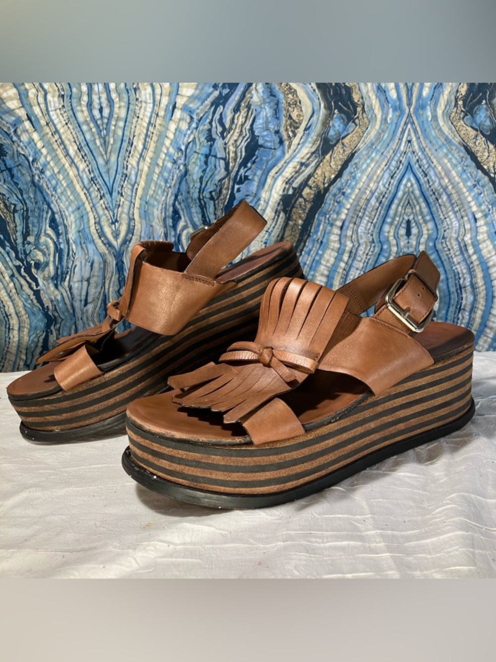 Minelli 90s Y2K Chunky Creeper Platform Sandals Kiltie Fringe Brown Gold Boho 10 - Picture 2 of 8